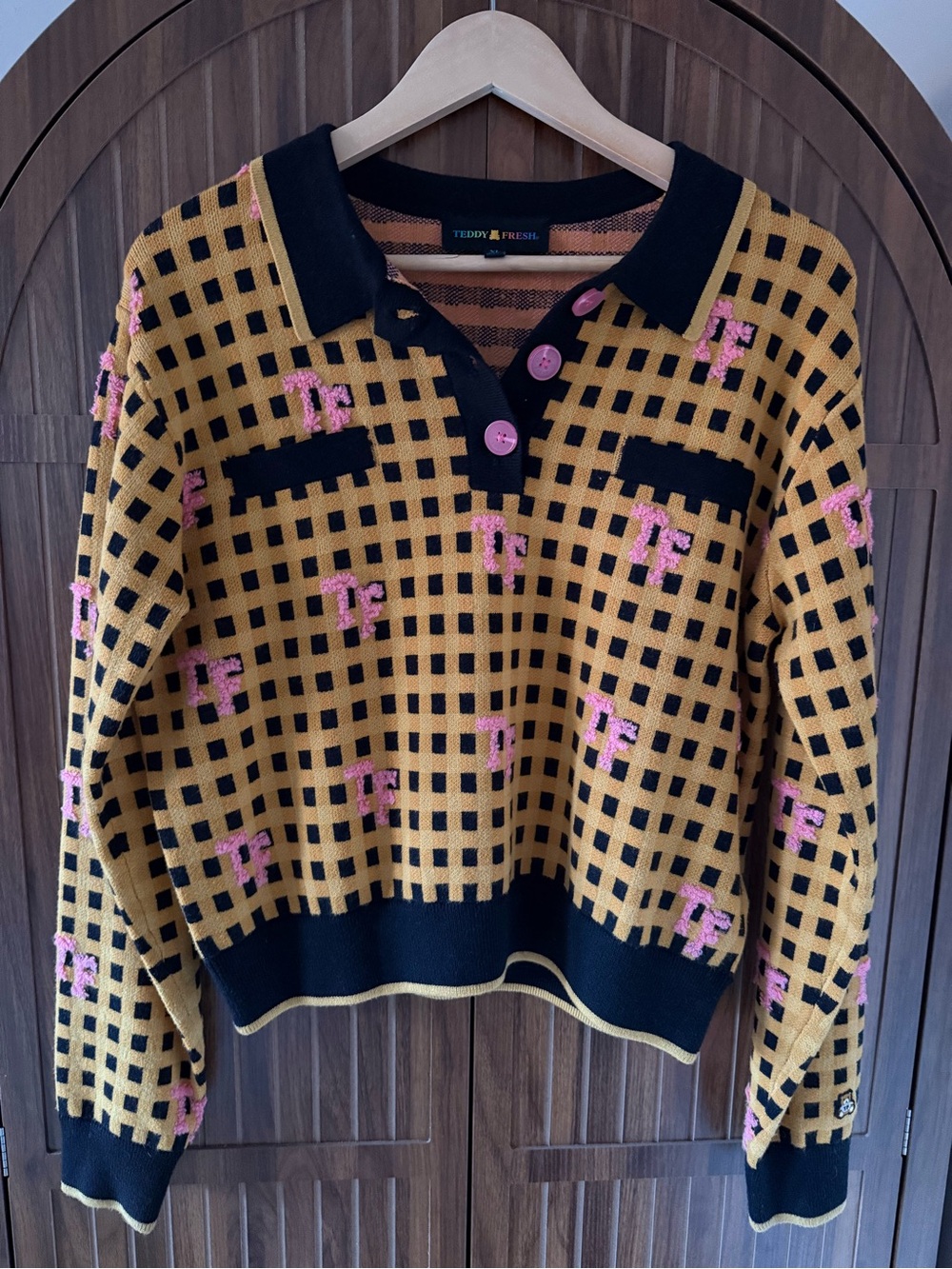 Teddy Fresh Mustard and Black Grid Polo Sweater with Pink Logo Accents